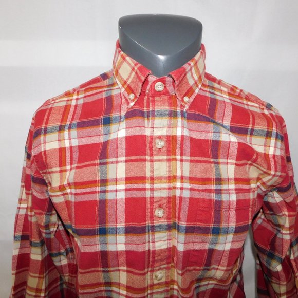 Eddie Bauer Men S Relaxed Fit Red Cream Blue Plaid Button Front LS Flannel Shirt - Picture 4 of 9